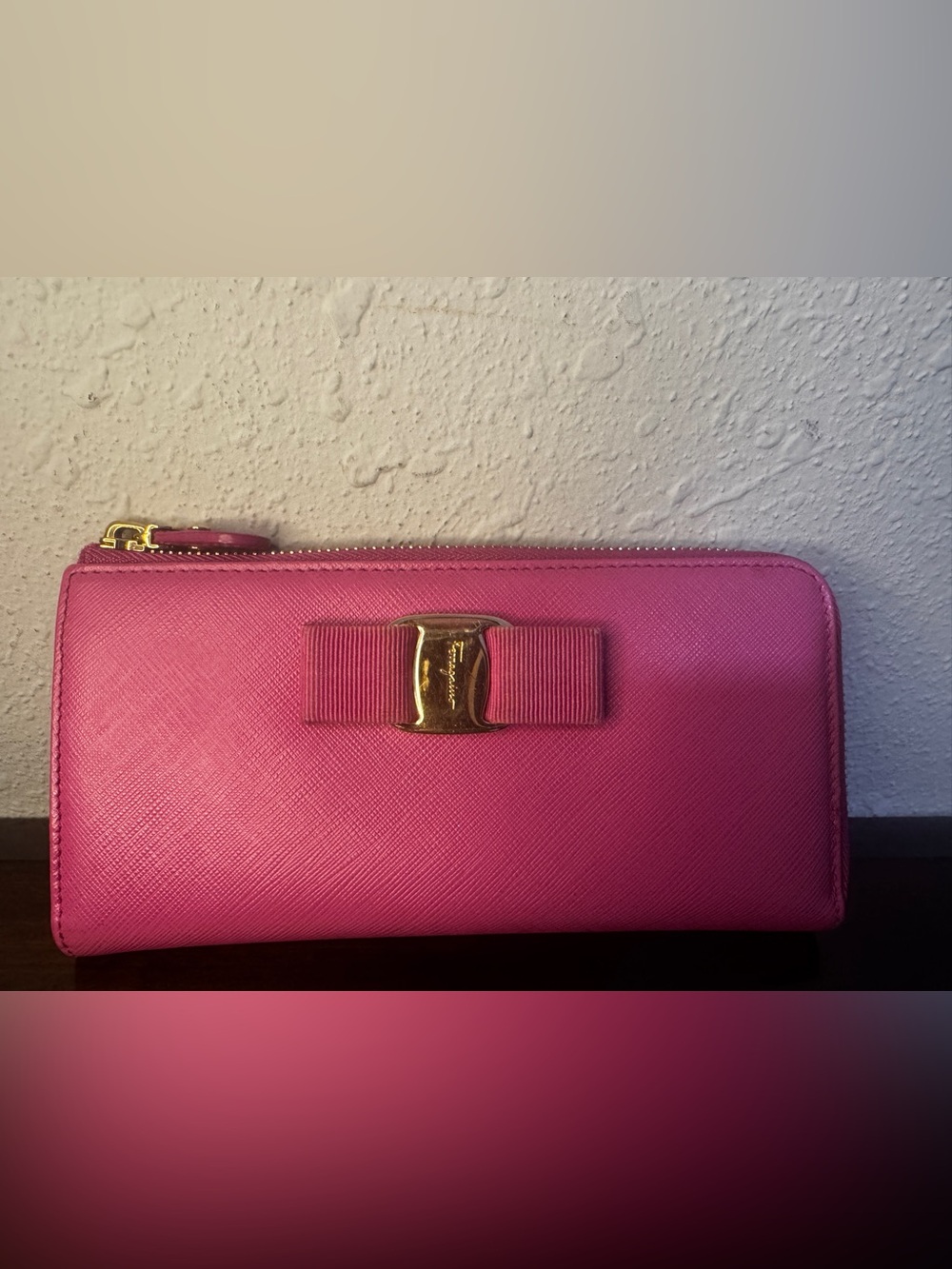 Salvatore Ferragamo Hot Pink Vara Bow Zip Wallet with Gold Hardware